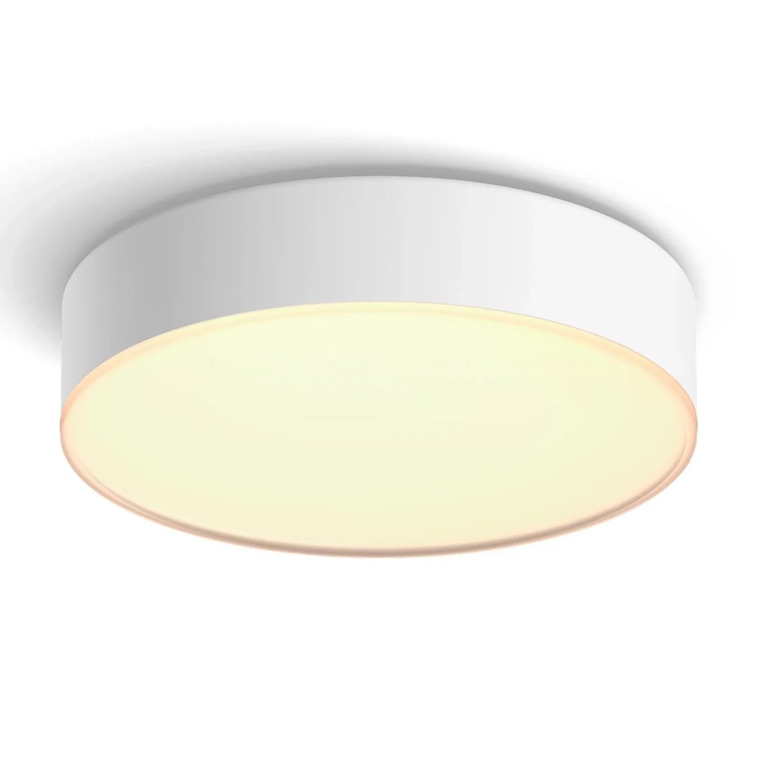Weiße, runde Philips Hue Enrave Deckenleuchte mit warmweißem Licht und Dimmer.