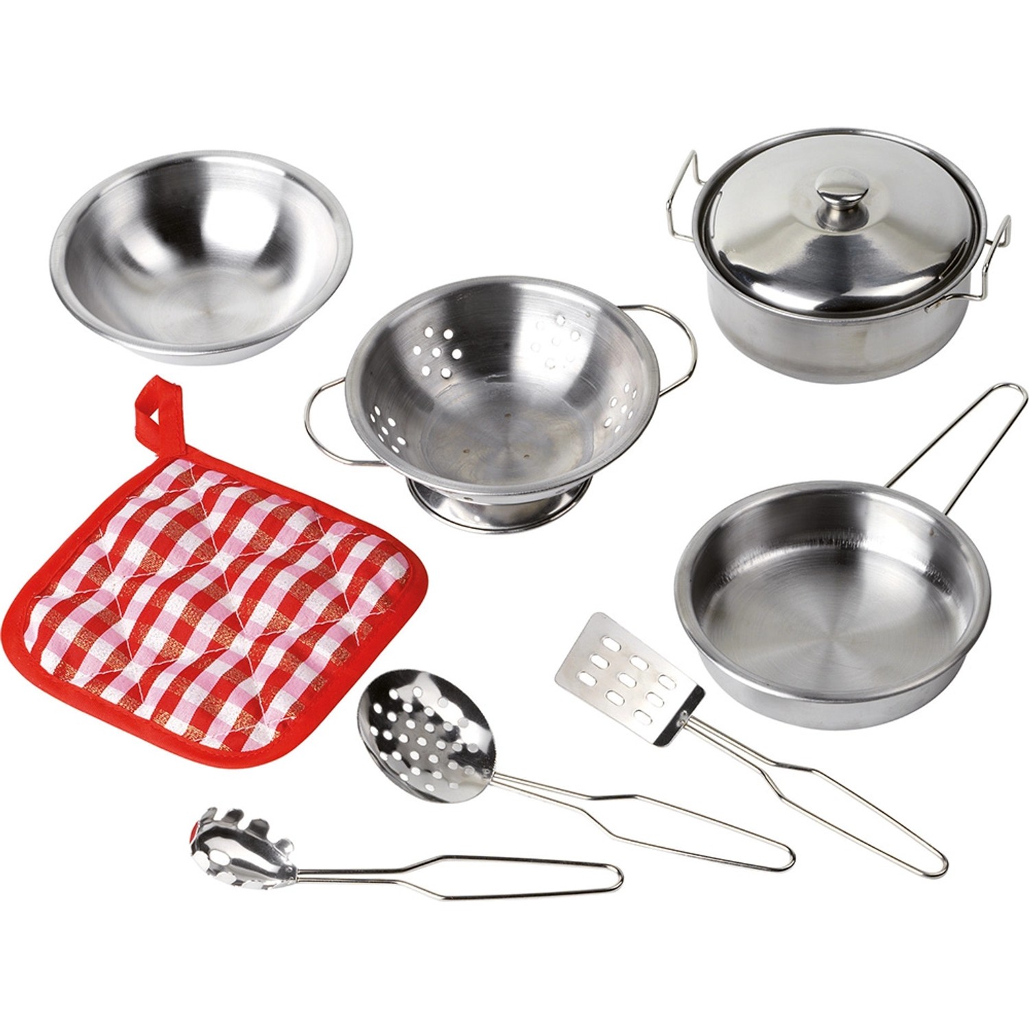 Karibu Topfset für Matschküche Sandy: Töpfe, Pfanne, Sieb, Schöpflöffel, Pfannenwender und Topflappen.