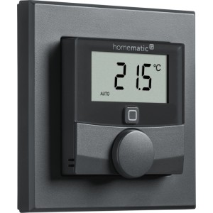 Homematic IP Wandthermostat mit Feuchtigkeitssensor in Anthrazit zur Hausautomation.