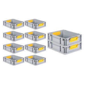 PROREGAL Spar Set: 10 graue Euroboxen mit gelben Griffen, 11 Liter, für Lagerung und Transport.