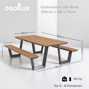 osoltus Alu Picknick Gartentisch mit zwei Bänken, anthrazit, Teak Optik, 200cm. Robustes Gartenmöbel.