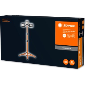 Verpackung des Ledvance LED-Arbeitslichts Worklight Tripod mit 3 Leuchten und Batterie.