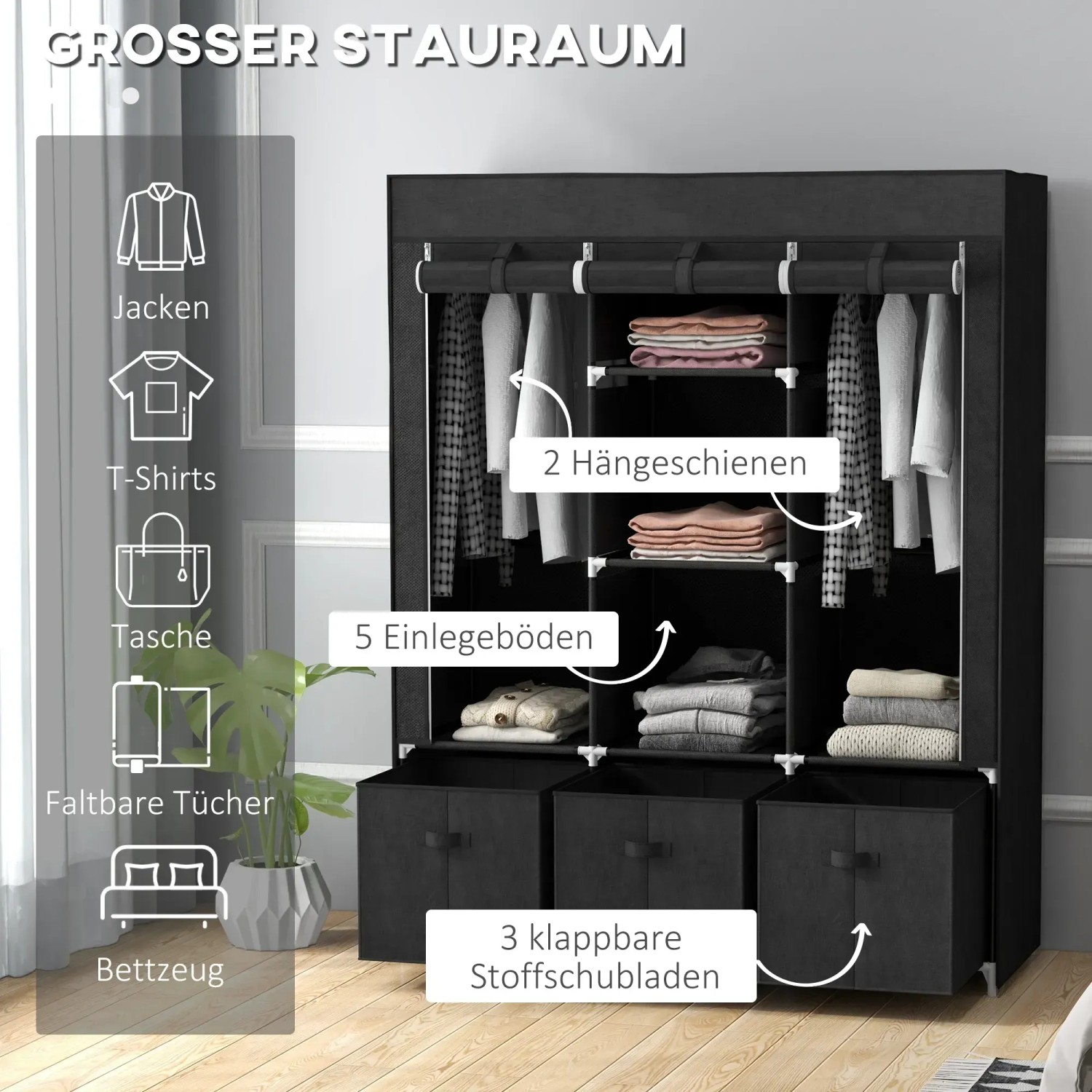 HOMCOM Stoffschrank faltbar mit Kleiderstange Schubladen 125 x 43 x 162,5 cm kaufen bei OBI