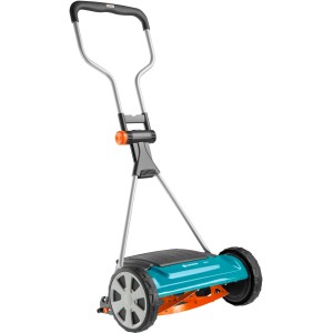 Gardena Comfort Spindelmäher 400 C: Handrasenmäher mit blau-schwarzem Gehäuse und silbernem Griff.