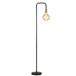 Schwarze Vintage Stehlampe aus Metall mit goldener E27-Fassung und sichtbarer Glühbirne, ideal fürs Wohnzimmer.