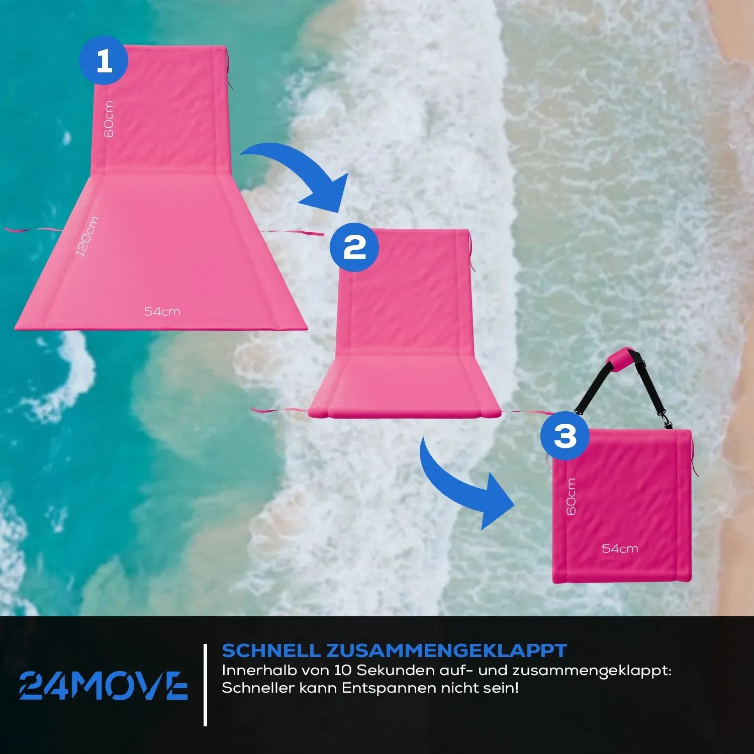 2er Set 24MOVE Strandmatte rosa, klappbar mit Rückenlehne und Tasche. Liegematte für Strand und Garten.