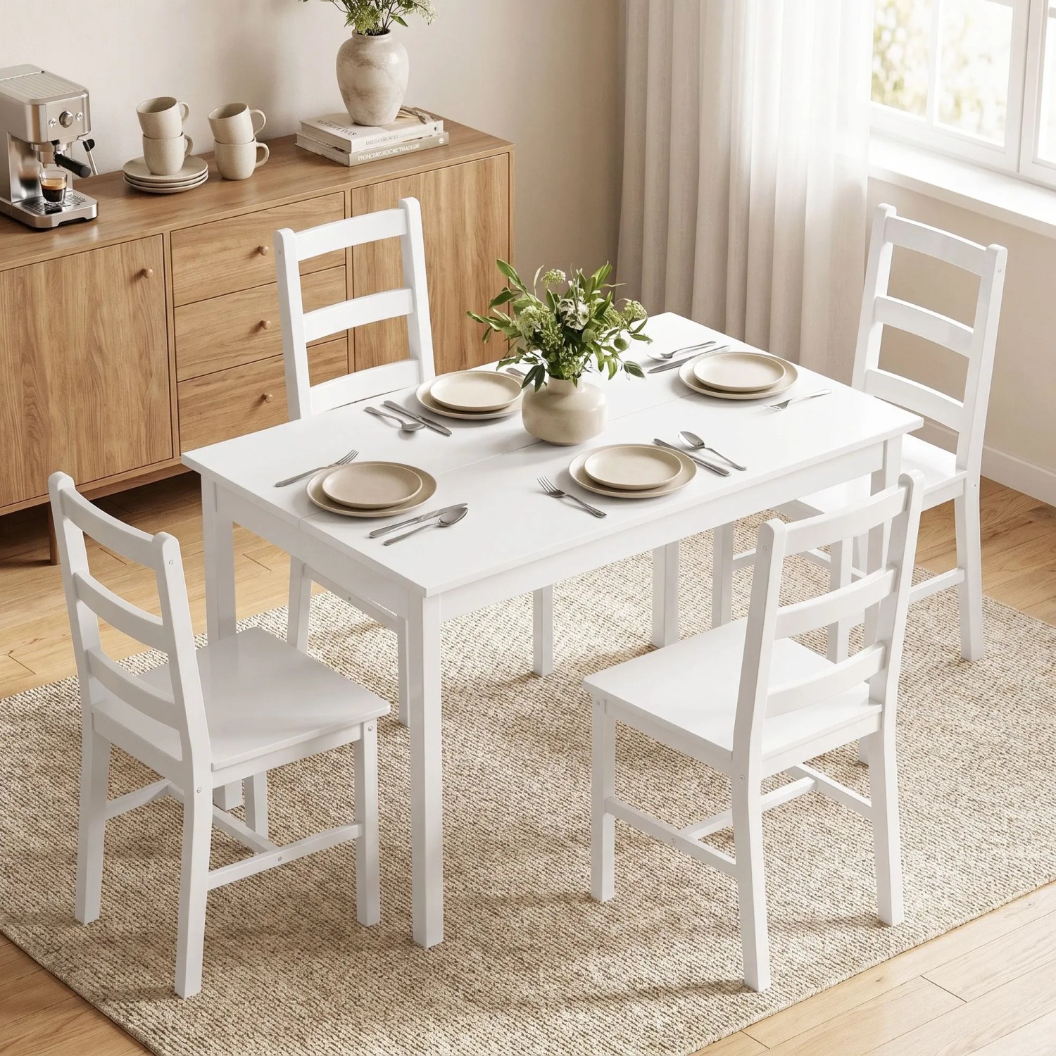 Weiße HOMCOM Essgruppe aus Kiefernholz mit rechteckigem Tisch und 4 Stühlen mit Leiter-Rückenlehnen im Esszimmer.