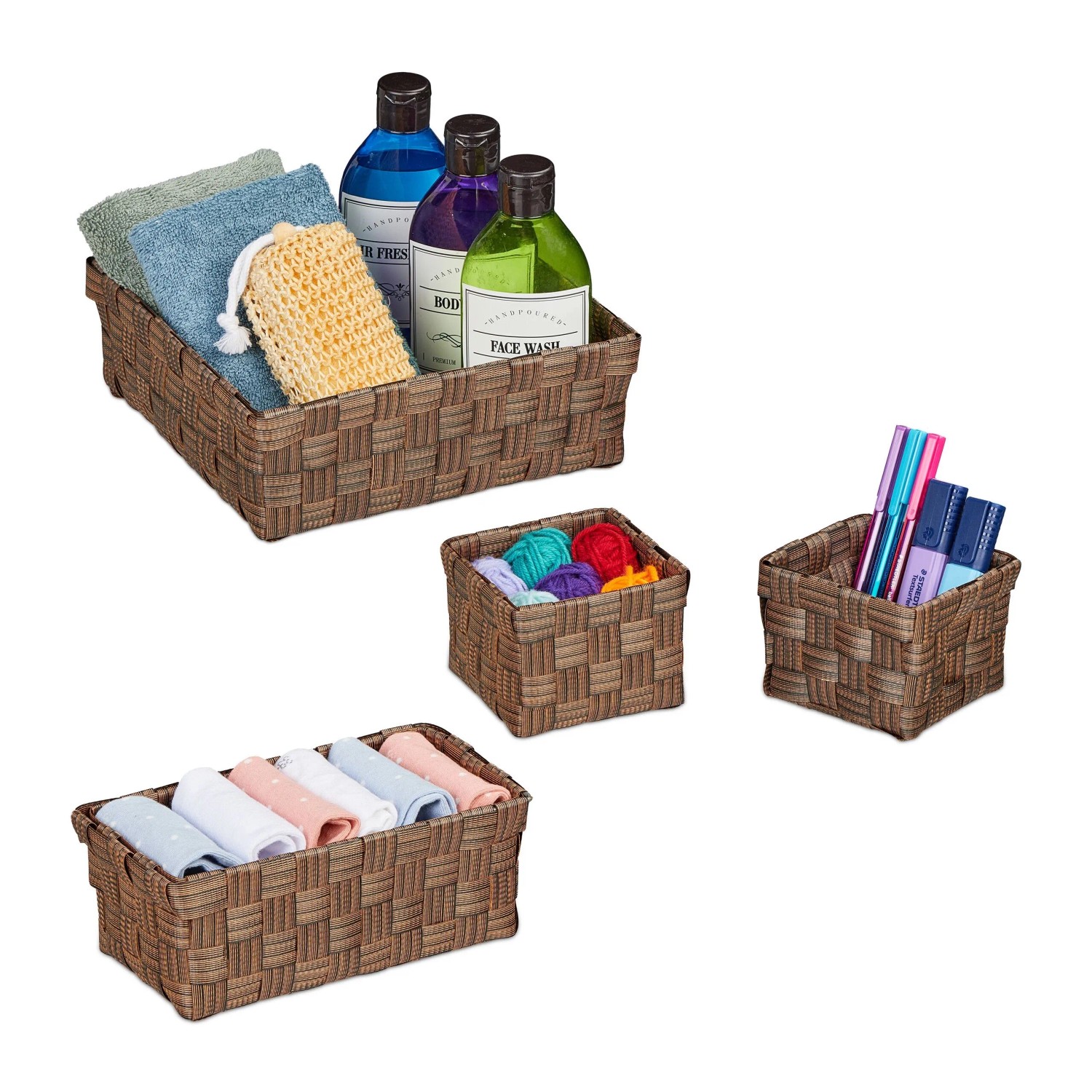 Relaxdays Aufbewahrungskorb 4er Set Kunststoff Eisen Braun Formstabil 23,5 cm x 23,5 cm x 8,5 cm