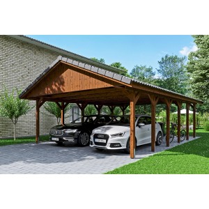 Doppelcarport Wallgau Nussbaum mit Dachlattung, 620x900 cm, für zwei PKW.