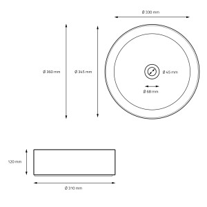 Skizze des ML-Design Waschbeckens, Keramik, Schwarz Matt, 360x120 mm, mit Maßen.