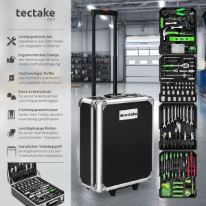 Tectake Werkzeugkoffer, 1200-teilig, Aluminium Trolley mit Teleskopgriff, Werkzeug-Set