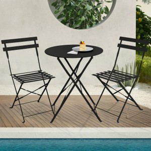 Schwarzes Svita Berlin Bistroset aus Metall mit Tisch und zwei Stühlen für Balkon oder Garten.