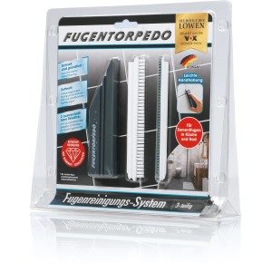 Fugentorpedo Reinigungs-Set, 3-teilig: Werkzeug mit Griff, Bürste und Schleifsteg für Zementfugen.