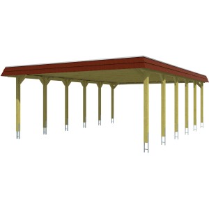 Skan Holz Doppelcarport Spreewald mit roter Blende, Holzkonstruktion mit EPDM Dachbahn und 12 Pfosten.