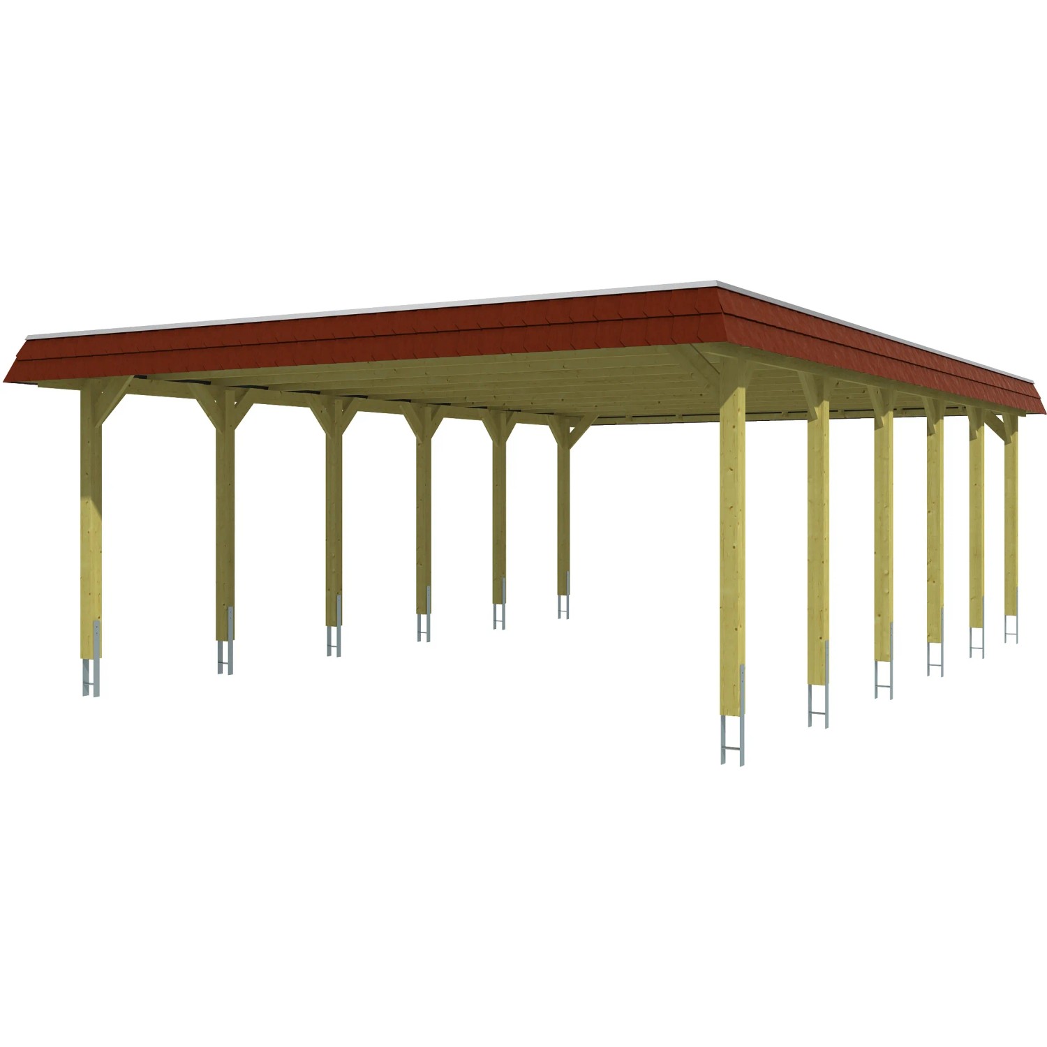 Skan Holz Doppelcarport Spreewald mit roter Blende, Holzkonstruktion mit EPDM Dachbahn und 12 Pfosten.