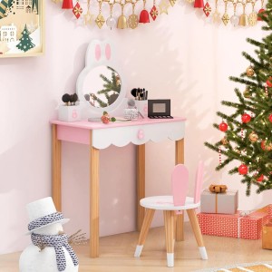 Rosa Costway Kinder Schminktisch mit Hocker und Hasenohren-Spiegel.