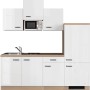 Flex-Well Küchenzeile Valero in Weiß Hochglanz/Sonoma Eiche mit Spüle, Kochfeld, Kühlschrank und Mikrowelle.