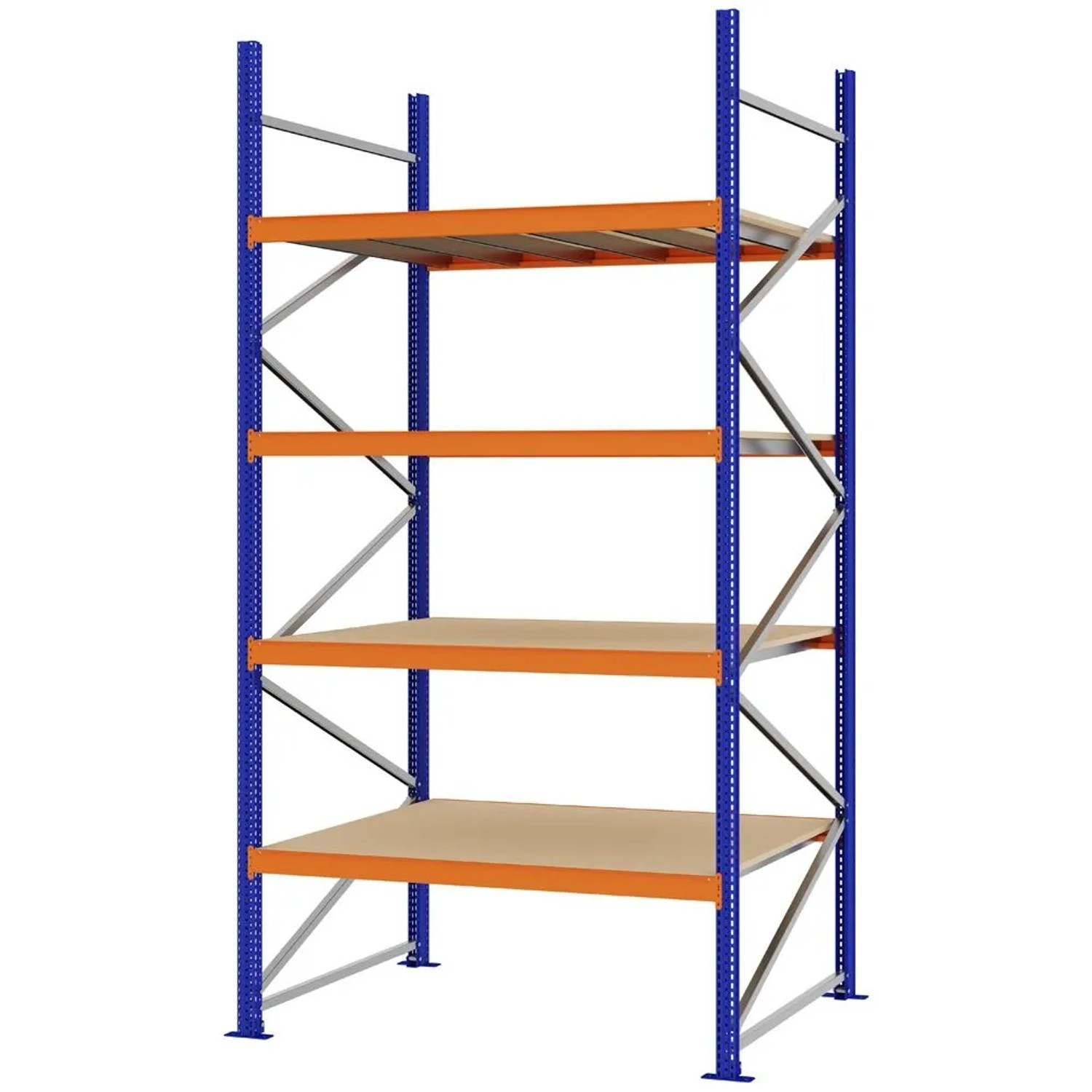 PROREGAL Weitspannregal Schraub-Stecksystem MAGNUS PRO Made In Germany Grundregal 300x150x100cm 4 Ebenen Spanplattenböden Fachlast 750kg Blau/Orange
