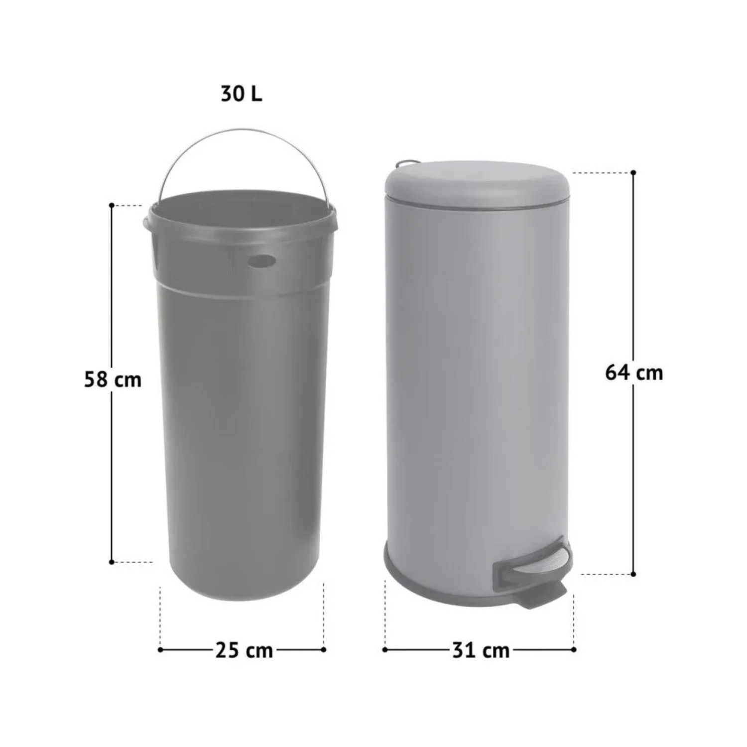 Taupefarbener Svita T30 Treteimer 30L aus Stahl mit Pedal und separatem Inneneimer aus Kunststoff. Maße: 64x31cm.