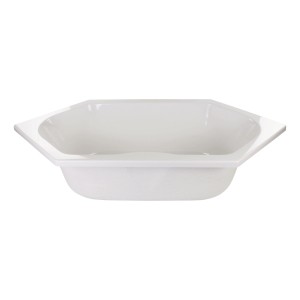 Weiße Calmwaters Sechseck-Badewanne 190x90 cm mit Zubehör. Rechteck-Badewanne mit Wannenträger und Ablaufgarnitur.