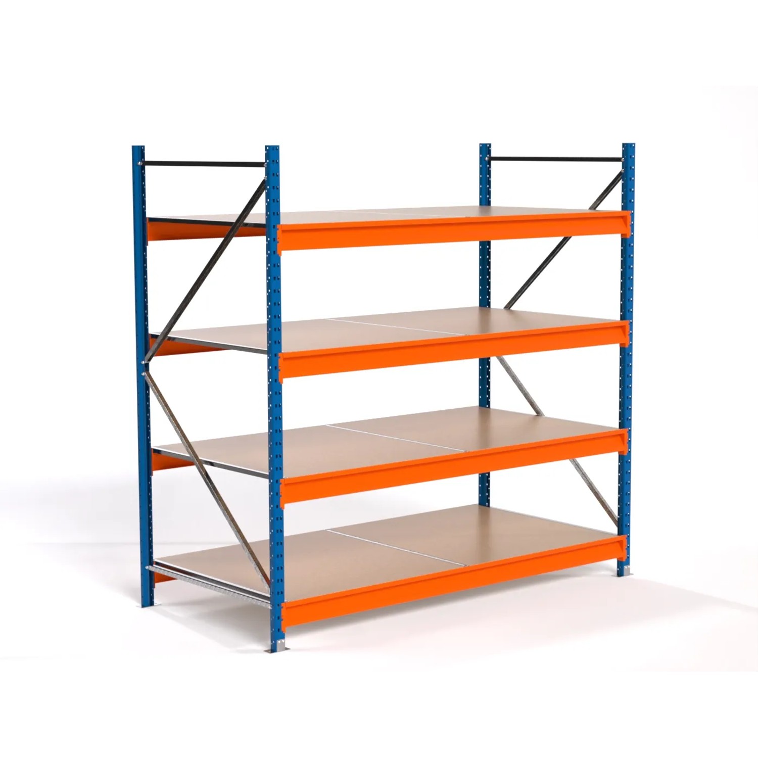 PROREGAL Industrie Weitspannregal Lagerregal MAXIMUS PRO Grundregal HxBxT 200x200x100cm 4 Spanplatten-Fachboden Fachlast 690kg Blau/Orange
