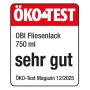 ÖKO-TEST Siegel für OBI Fliesenlack Weiß Seidenmatt, 750 ml, mit der Bewertung "sehr gut".
