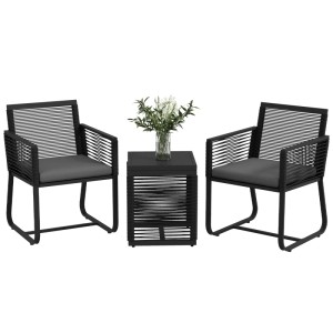 Schwarzes Outsunny Rattan Gartenmöbel-Set mit 2 Stühlen, Tisch und Kissen.