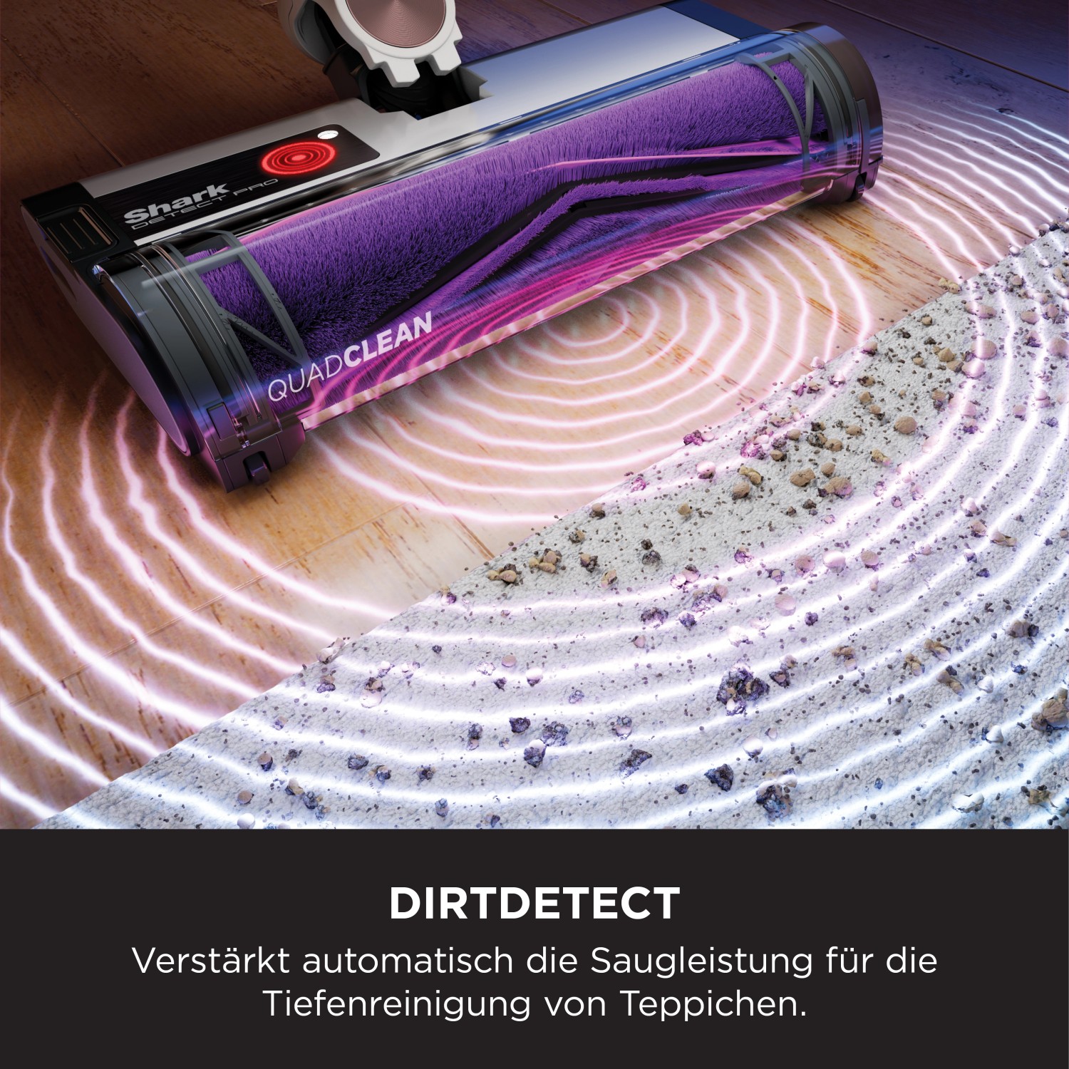 Shark Akku-Stielsauger Detect Pro IW1611EU in Aktion: Tiefenreinigung mit DirtDetect auf Teppich.