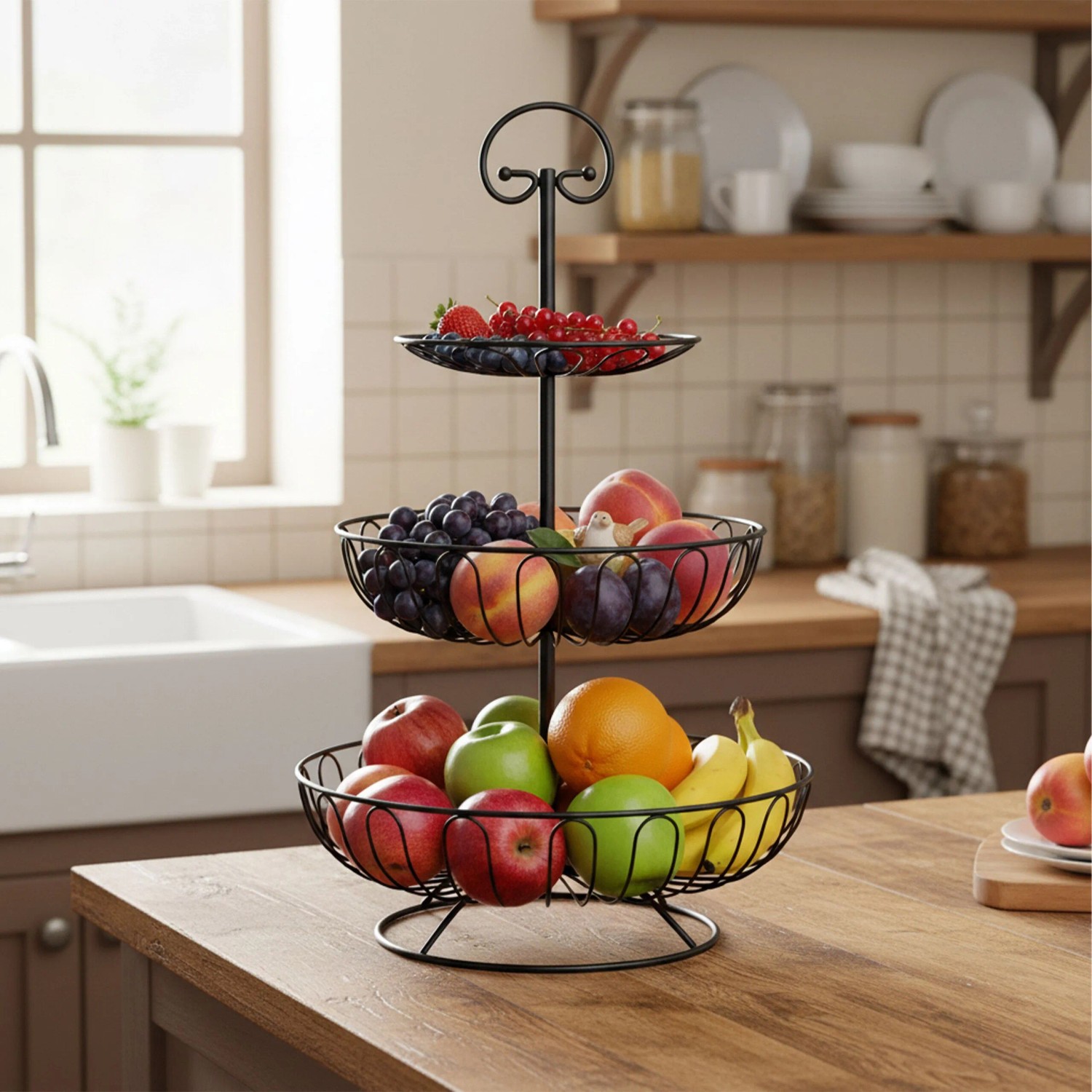 Schwarze 3-stöckige Relaxdays Obst Etagere aus Eisen, gefüllt mit frischem Obst auf einer Küchenzeile.