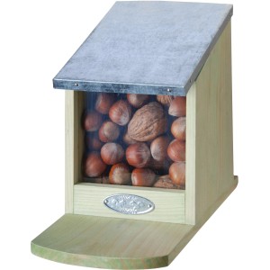 Esschert Design Eichhörnchen-Futterhaus aus Holz, gefüllt mit Nüssen. Futterstation für den Garten.