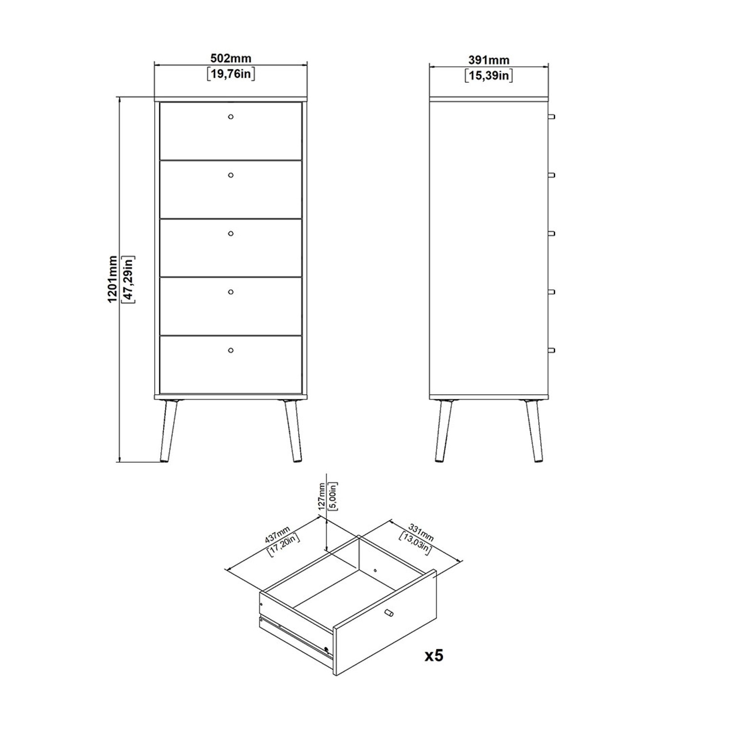 Technische Zeichnung der weißen ebuy24 Bodo Kommode mit 5 Schubladen und Maßen.