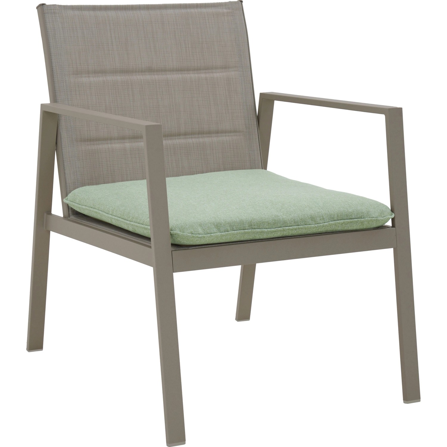 Sessel des 4-teiligen Gartenmöbel-Sets Jamapa, Stahl hellgrau mit grünem Sitzkissen.