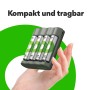 GP Akku-Ladegerät USB B441 mit 4 AA Akkus in Hand, kompakt und tragbar.