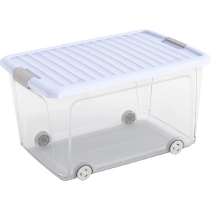 Transparente Aufbewahrungsbox mit blauem Deckel und Rollen.