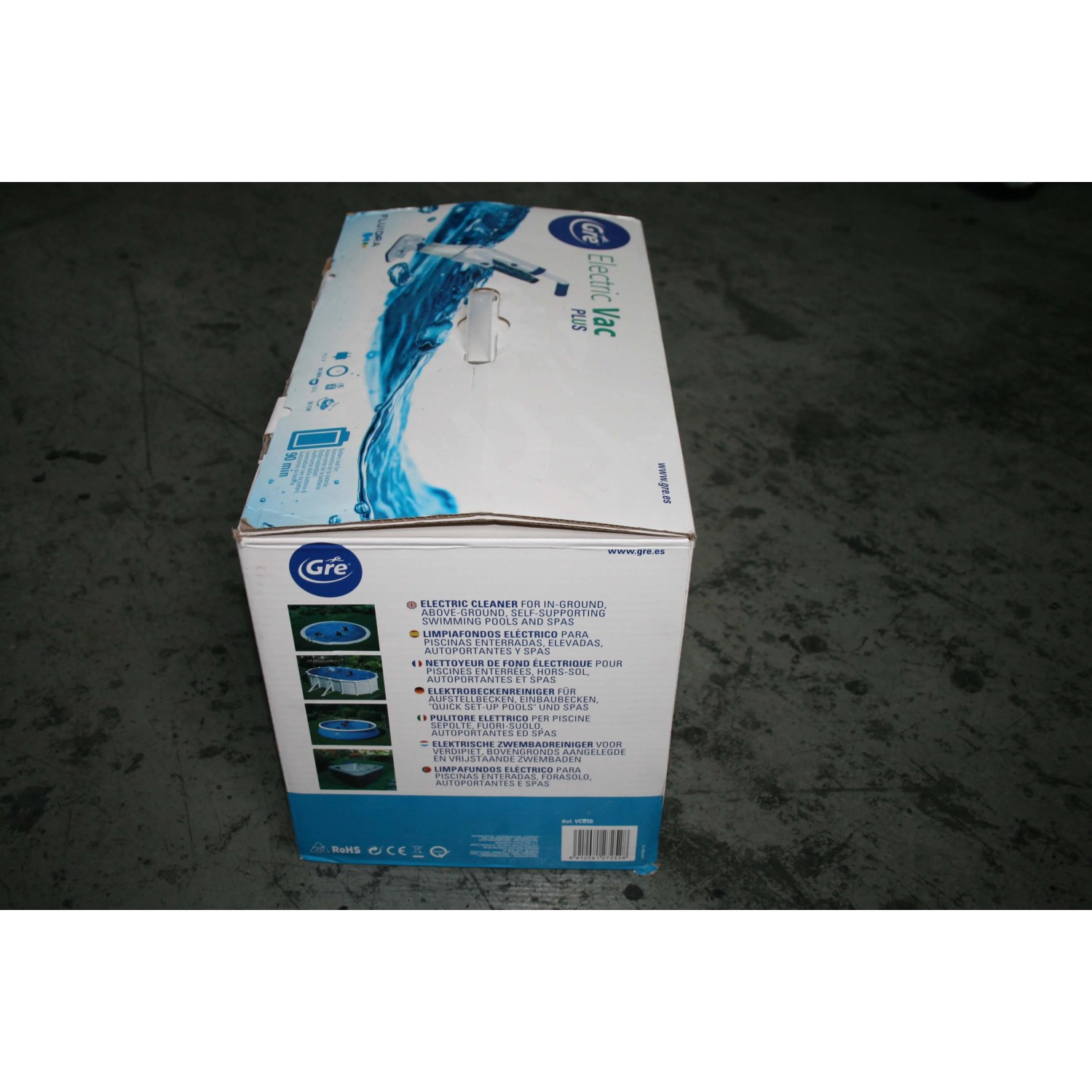 Verpackung des kabellosen Gre Poolreinigers Electric Vac Plus für Pools und Spas.