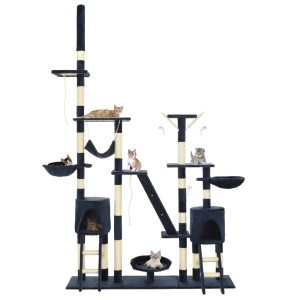 Blauer vidaXL Katzen-Kratzbaum (230-250cm) mit Sisal-Säulen und mehreren Ebenen für Spiel und Entspannung.