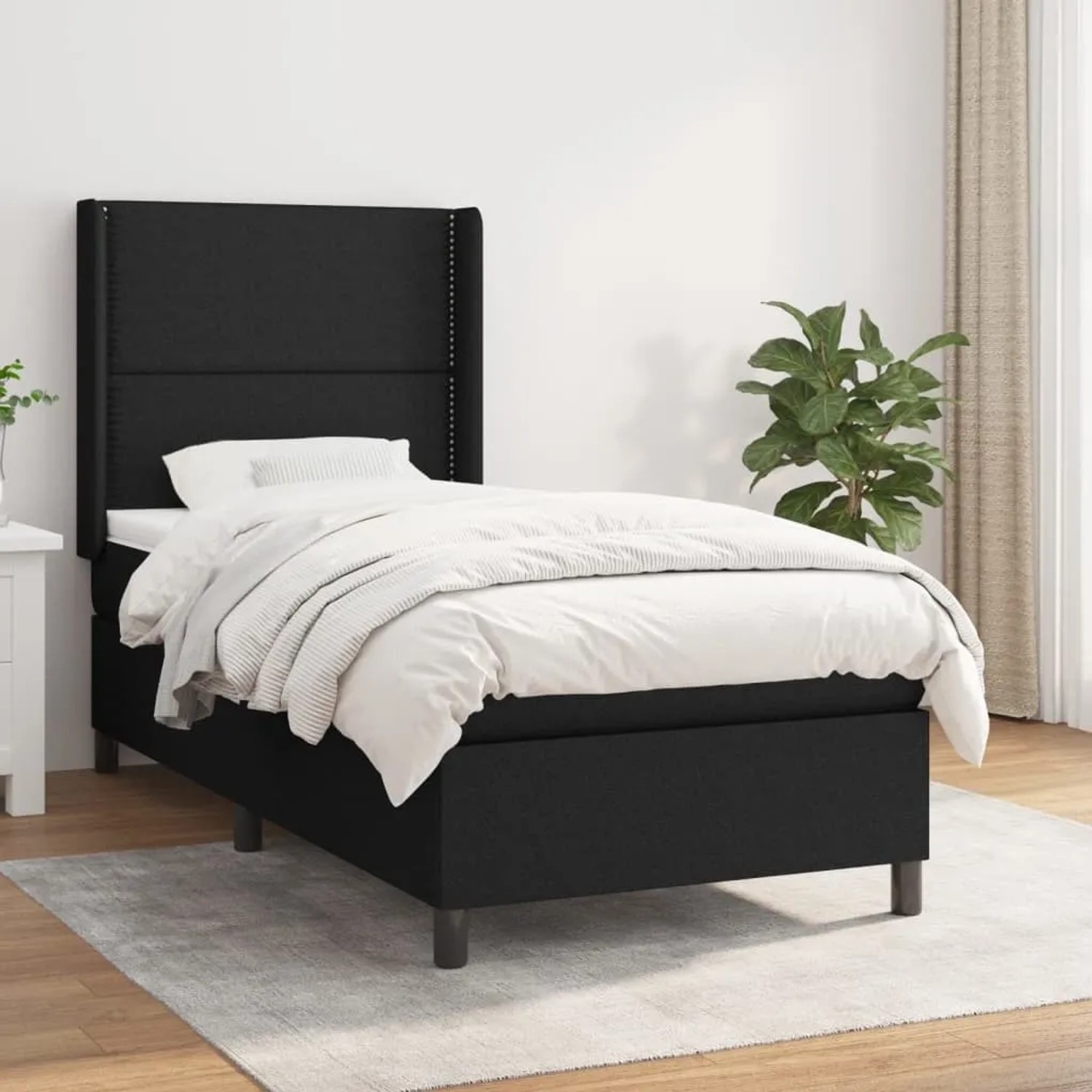 Schwarzes vidaXL Boxspringbett (80x200 cm) mit Matratze und Stoffbezug.