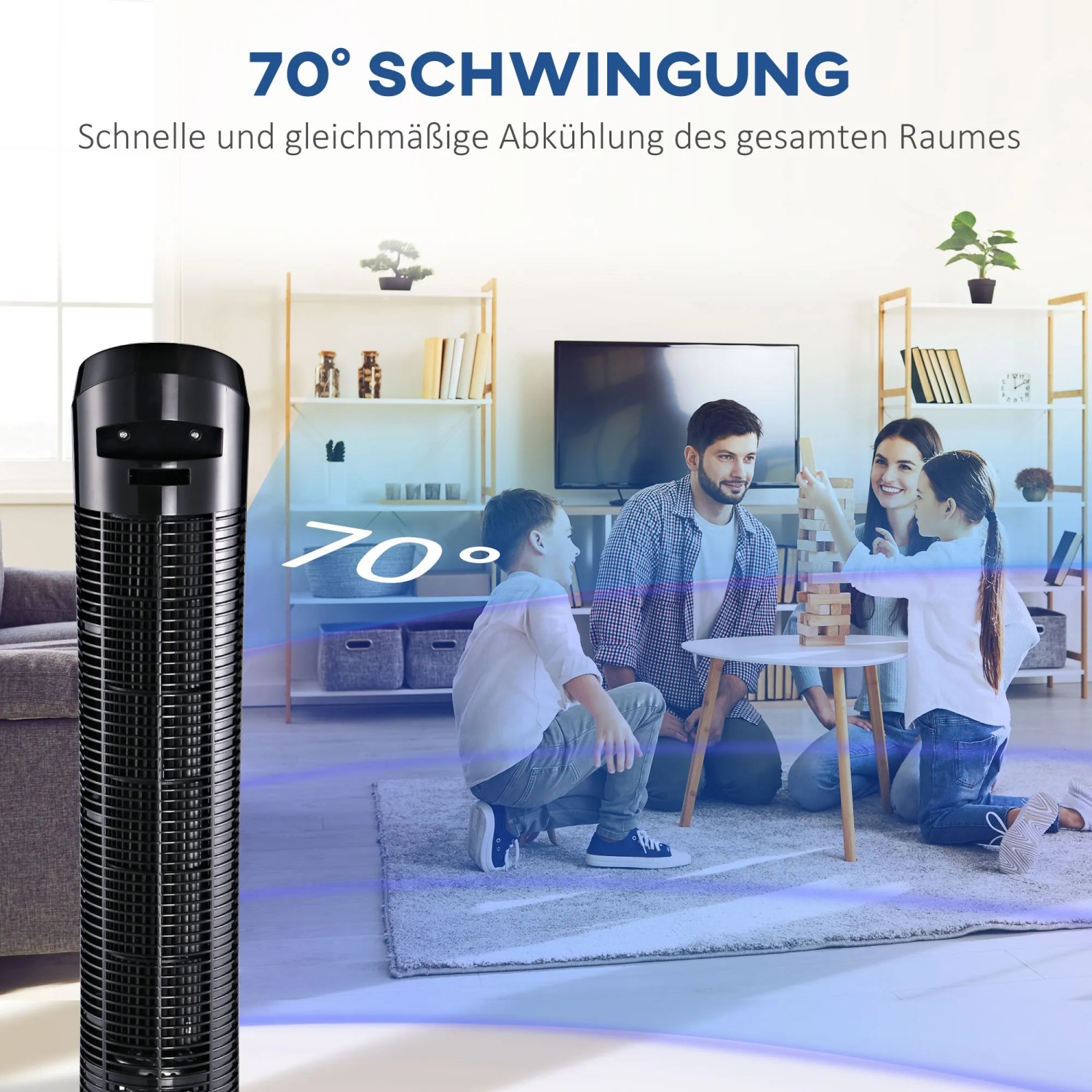 Schwarzer HOMCOM Turmventilator aus Kunststoff im Wohnzimmer mit Familie.