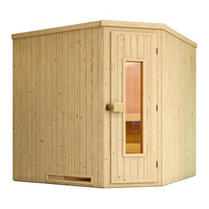 Weka Element-Ecksauna Varberg mit Holztür und Leuchtenset, 7,5 kW Saunaofen.