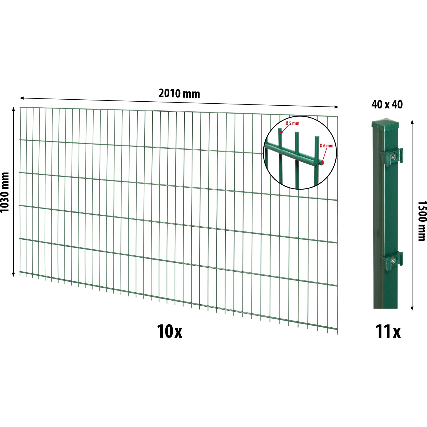 Floraworld Doppelstabmatten-Zaunset mit Pfosten 4 x 4 cm Grün 103 x 2000 cm günstig online kaufen