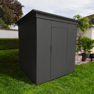 Modernes, anthrazitfarbenes Amazing Spaces Gartenhaus Cosmic Plus im Garten.