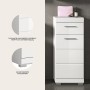 Weißer Hochglanz Bad-Standschrank (37x88x31cm) mit Schubladen für Badutensilien.