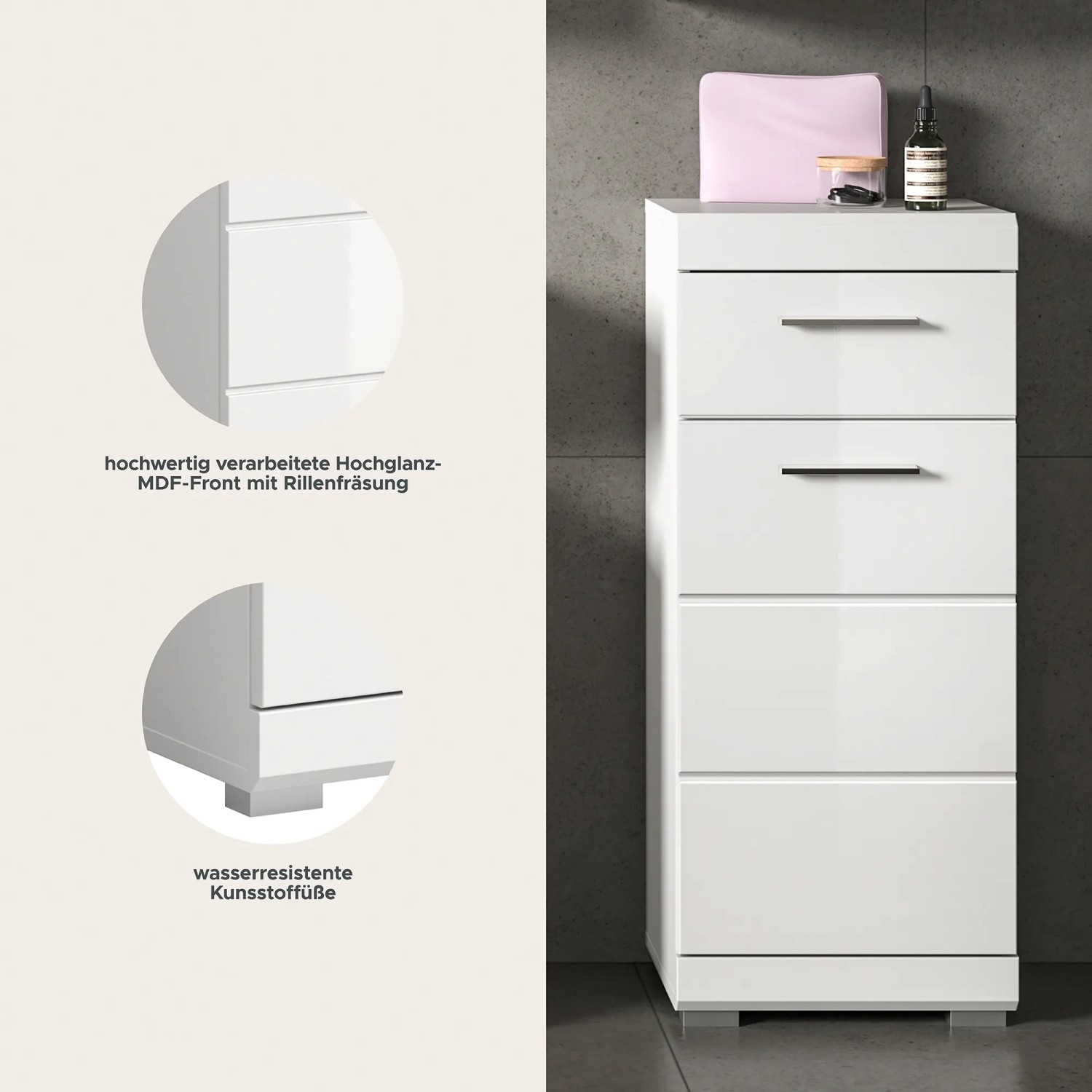 Weißer Hochglanz Bad-Standschrank (37x88x31cm) mit Schubladen für Badutensilien.