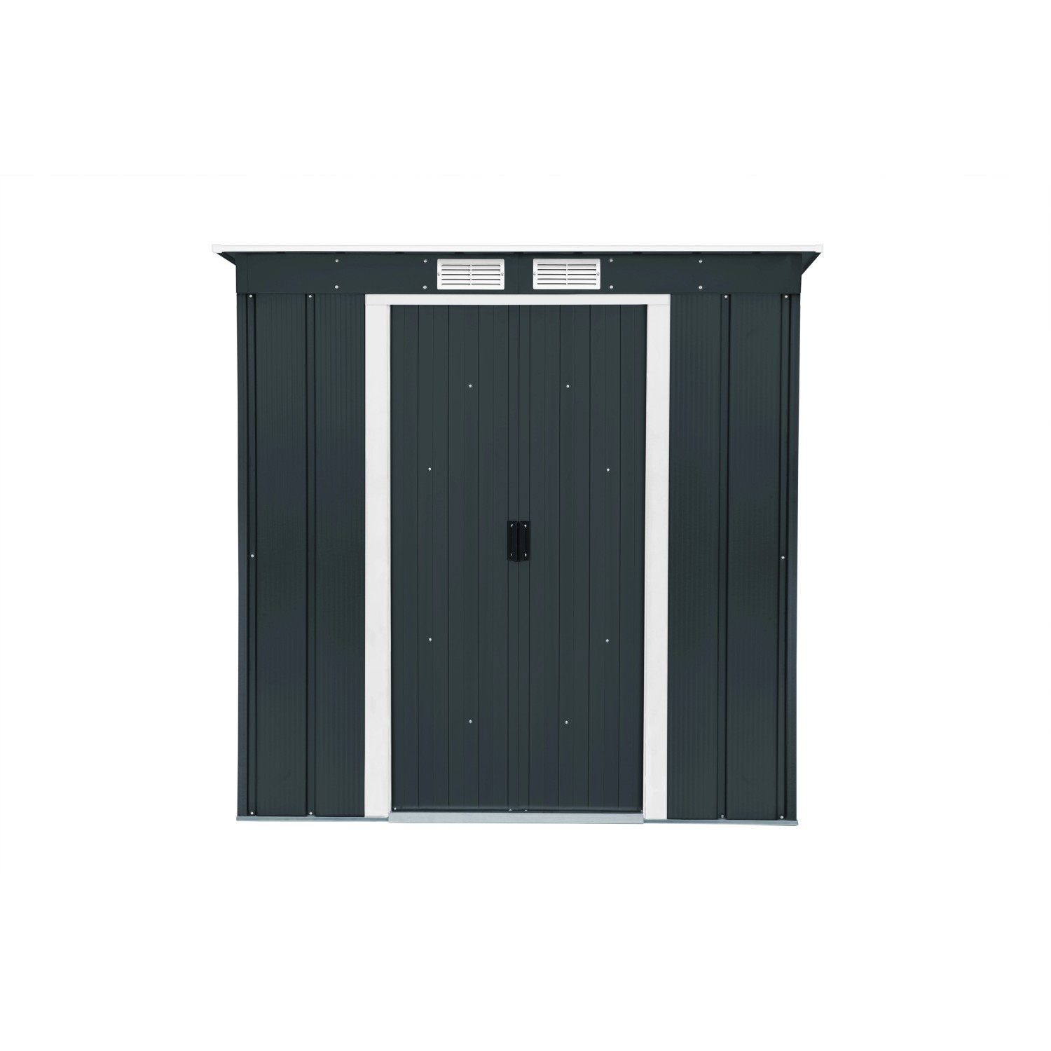 Duramax Metallgerätehaus Pent Roof Eco 6x4 in Anthrazit, Frontansicht.