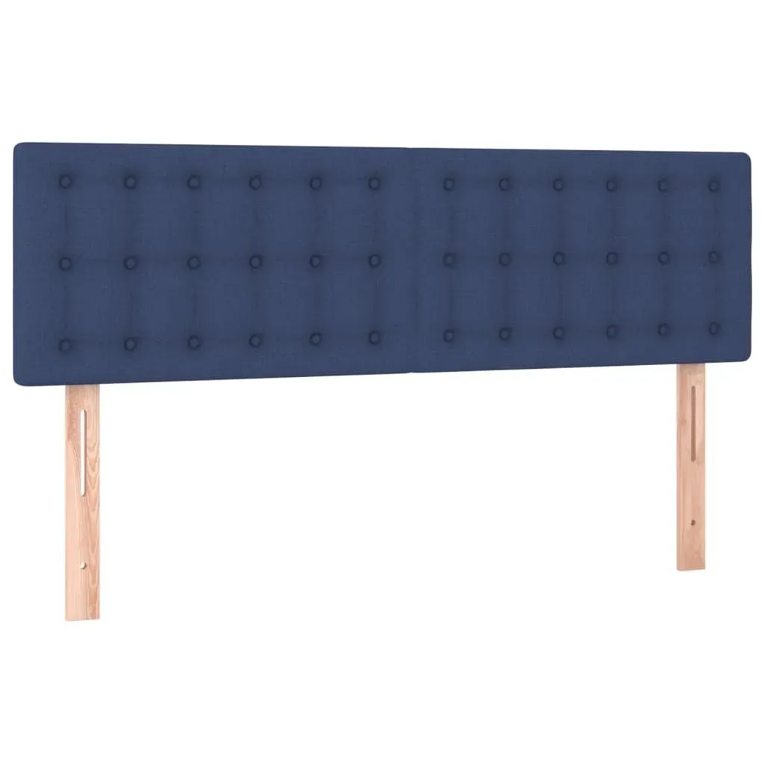 Blaues Boxspringbett Kopfteil mit Stoffbezug und Knopfheftung.