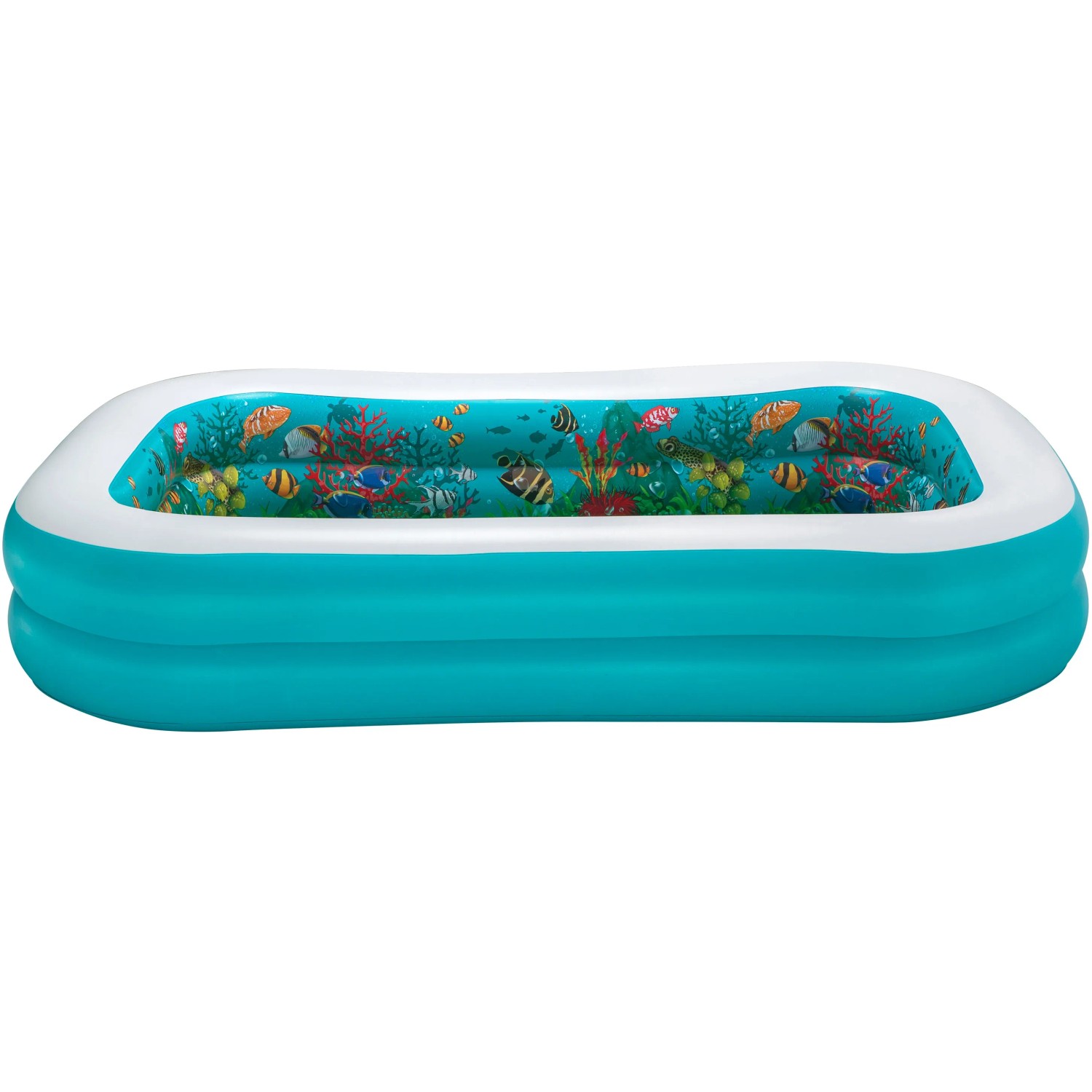 Rechteckiges, blaues Bestway Family Pool Planschbecken mit 3D Unterwasserwelt-Motiv.