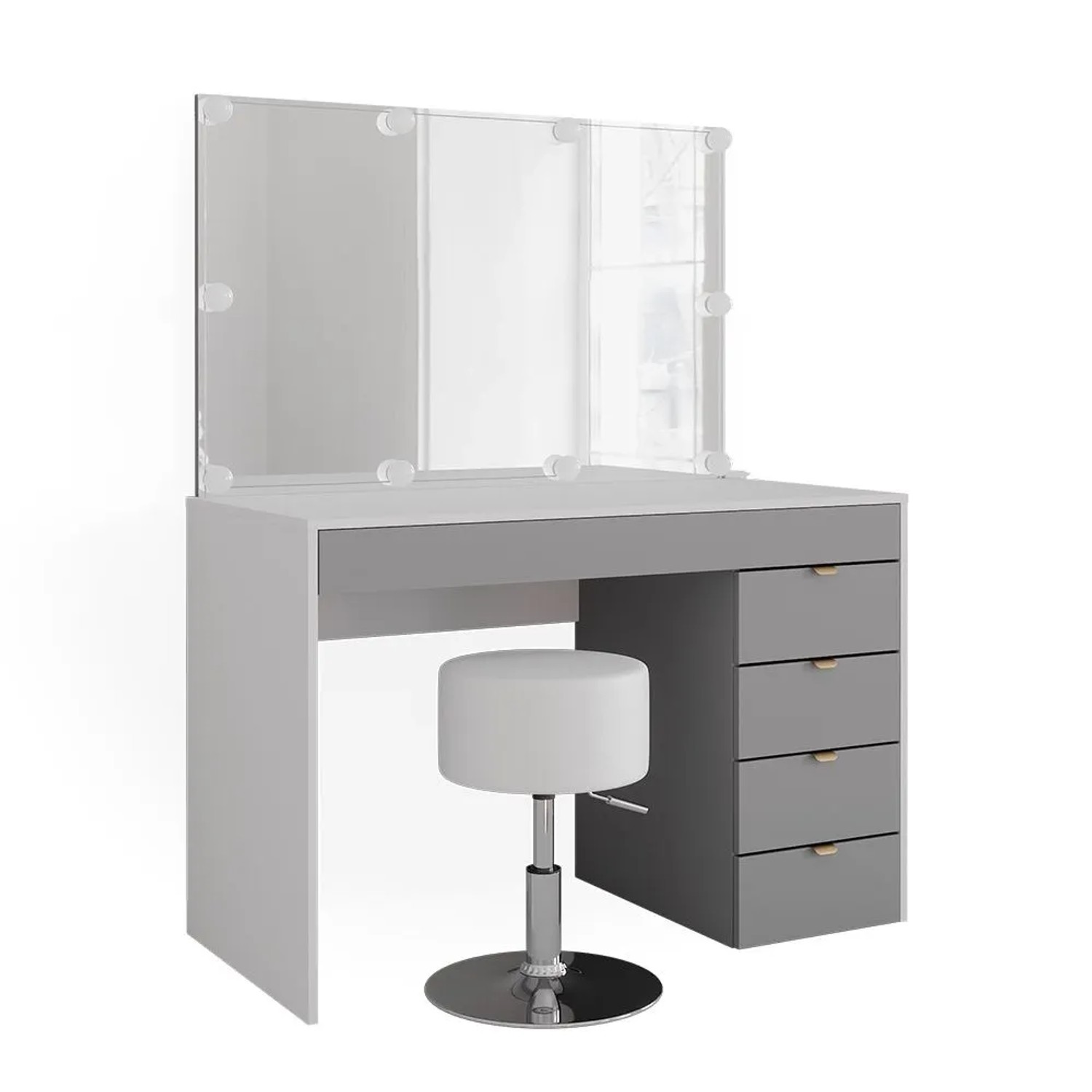Vicco Schminktisch Elise Weiß/Grau 115 x 146 mit Spiegel, LED-Lichterkette und Hocker