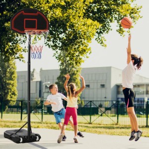 HOMCOM Basketballkorb-Ständer schwarz mit rotem Brett, verstellbar, Kinder und Erwachsene spielen Basketball im Garten.