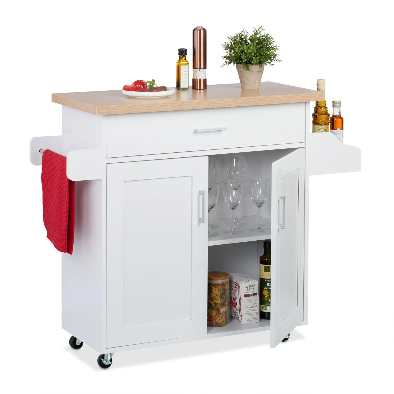 Relaxdays Küchenwagen mit Arbeitsplatte Spanplatte MDF Eisen Weiß Rollbar 90 cm x 114,5 cm x 39,5 cm 26 kg