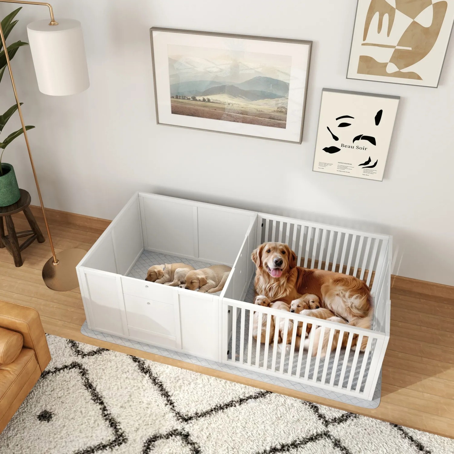 PawHut Welpenbox Für Hunde – 100x96 Cm, Mit Waschbarer Unterlage & Verstellbarem Eingang